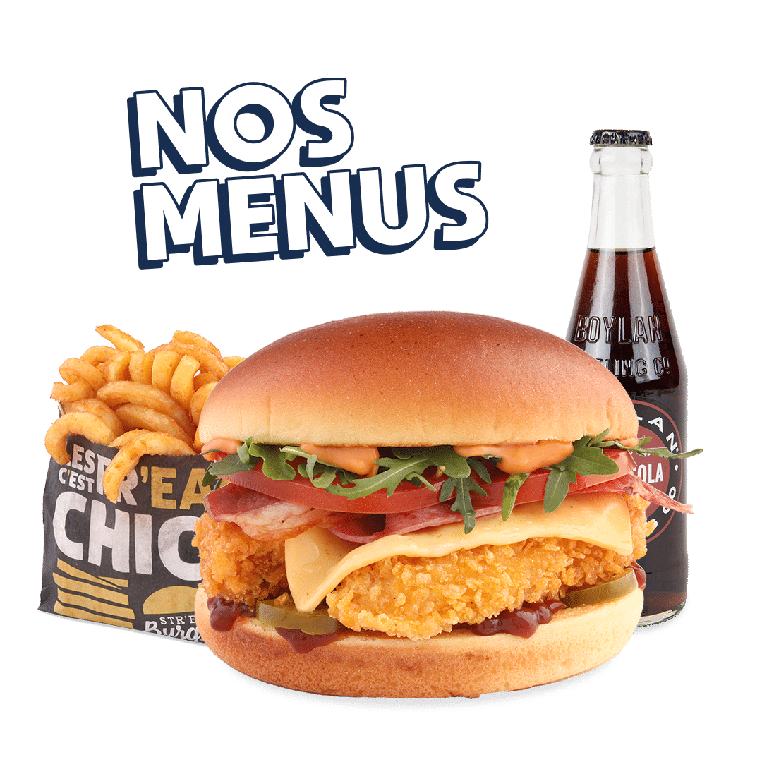 Visuel menu Str'Eat Burger avec burger, frites twisters et boisson boylan