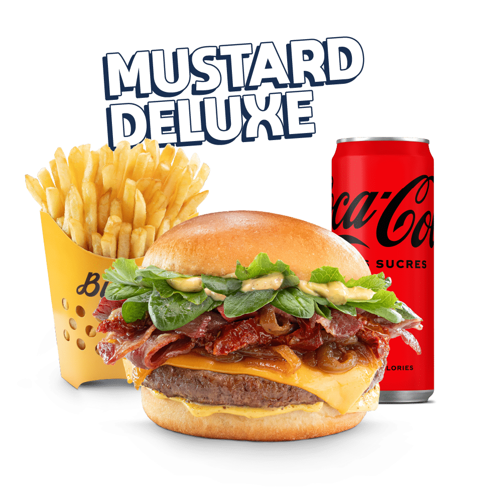 menu Burger Bar Mustard deluxe Image du menu Burger Bar Mustard deluxe, avec Frites et Coca Zéro chez Str'Eat Burger