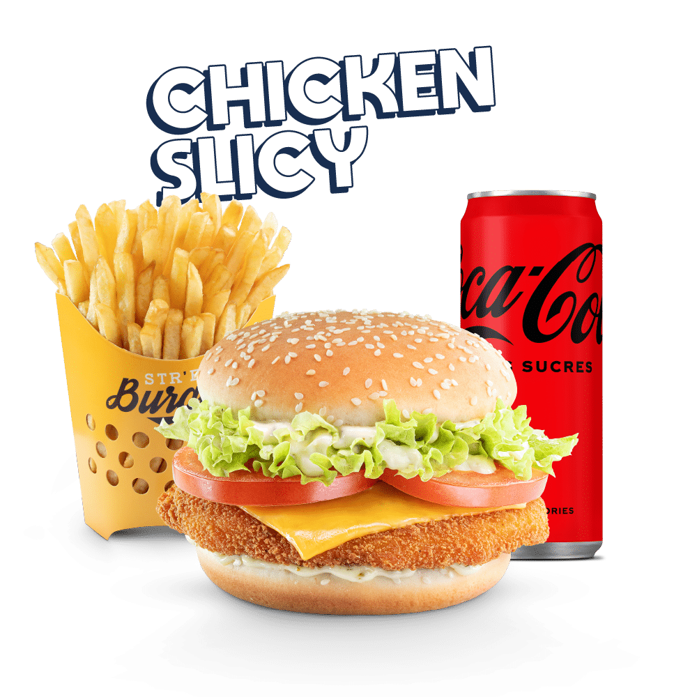 MENU CHICKEN SLICY Image du menu Chicken Slicy, avec Frites et Coca Zéro chez Str'Eat Burger