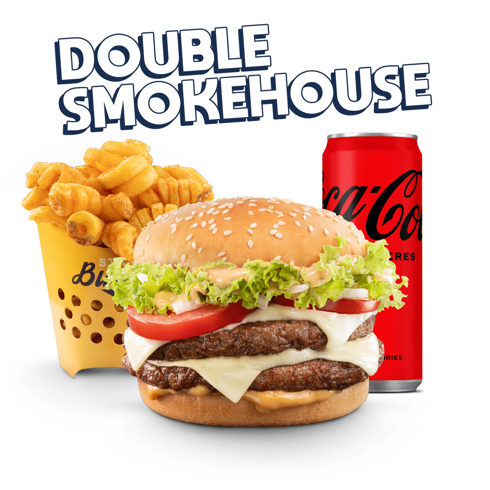 MENU DOUBLE SMOKEHOUSE Image du menu Classic Double Smokehouse, avec Twisters et Coca Zéro chez Str'Eat Burger