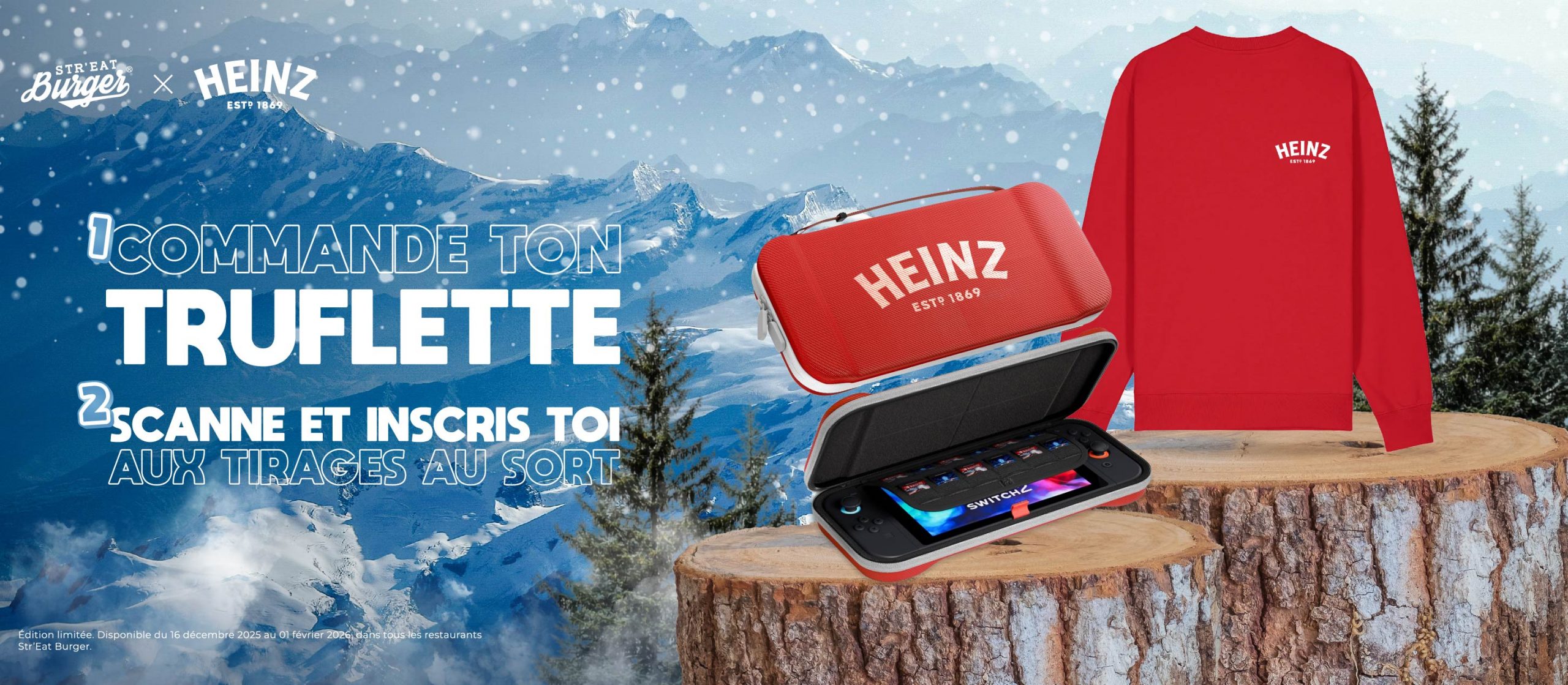 Menu Truflette Beef et Chicken Str'Eat Burger Concours Heinz Nintendo Switch 2 et sweat