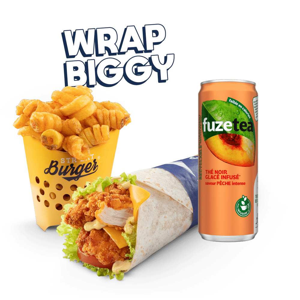 Image du menu Wrap Biggy, avec Twisters et Fuze Tea chez Str'Eat Burger
