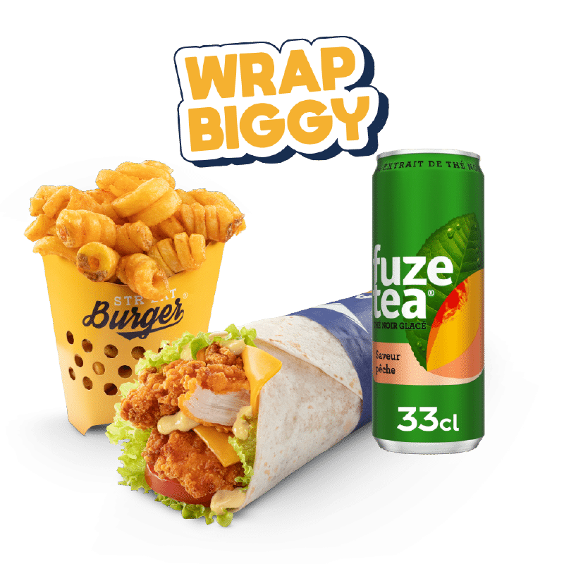 Image du menu Wrap Biggy, avec Twisters et Fuze Tea chez Str'Eat Burger