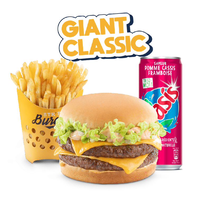 Image du menu Giant Classic, avec Frites et Oasis Pomme Cassis Framboise chez Str'Eat Burger