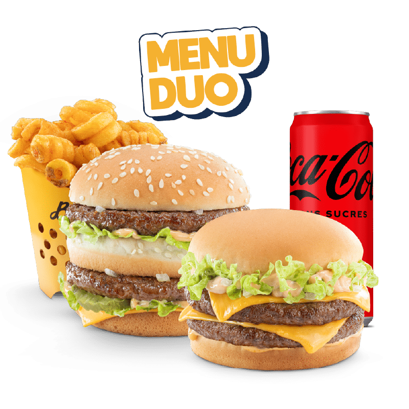 Image du menu Duo avec un Double Biggy et un Giant Classic, avec Twisters et Coca Zéro chez Str'Eat Burger