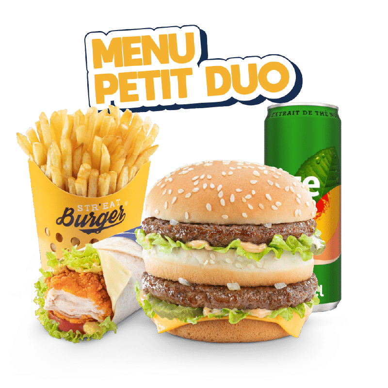 Image du menu Petit Duo avec un Double Biggy et un Little wrap, avec Frites et Fuze Tea chez Str'Eat Burger