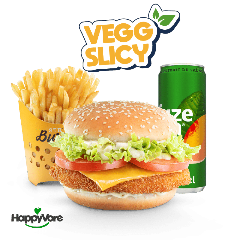 Image du menu Vegg Slicy, avec Frites et Fuze Tea chez Str'Eat Burger
